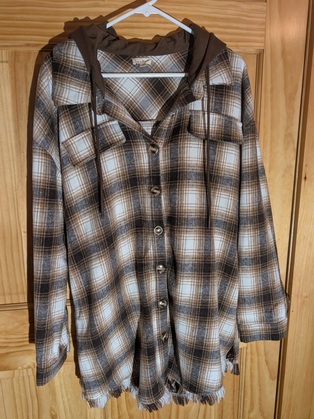 Hem & Thread Brown and Cream Plaid Hooded Button-Down Shirt